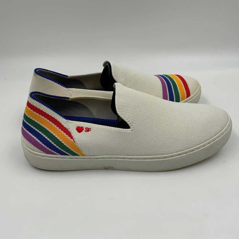 Rothys The Sneaker White Rainbow Stripe Heart SF Slip On Shoes Womens 8